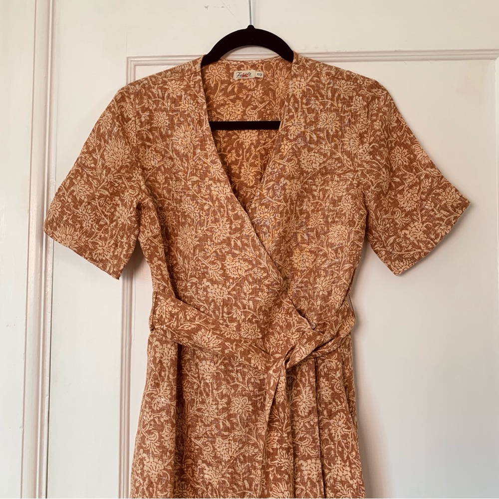 Faherty 100% Linen Wrap Spring Summer Tan Floral Short Sleeve Dress Extra Small